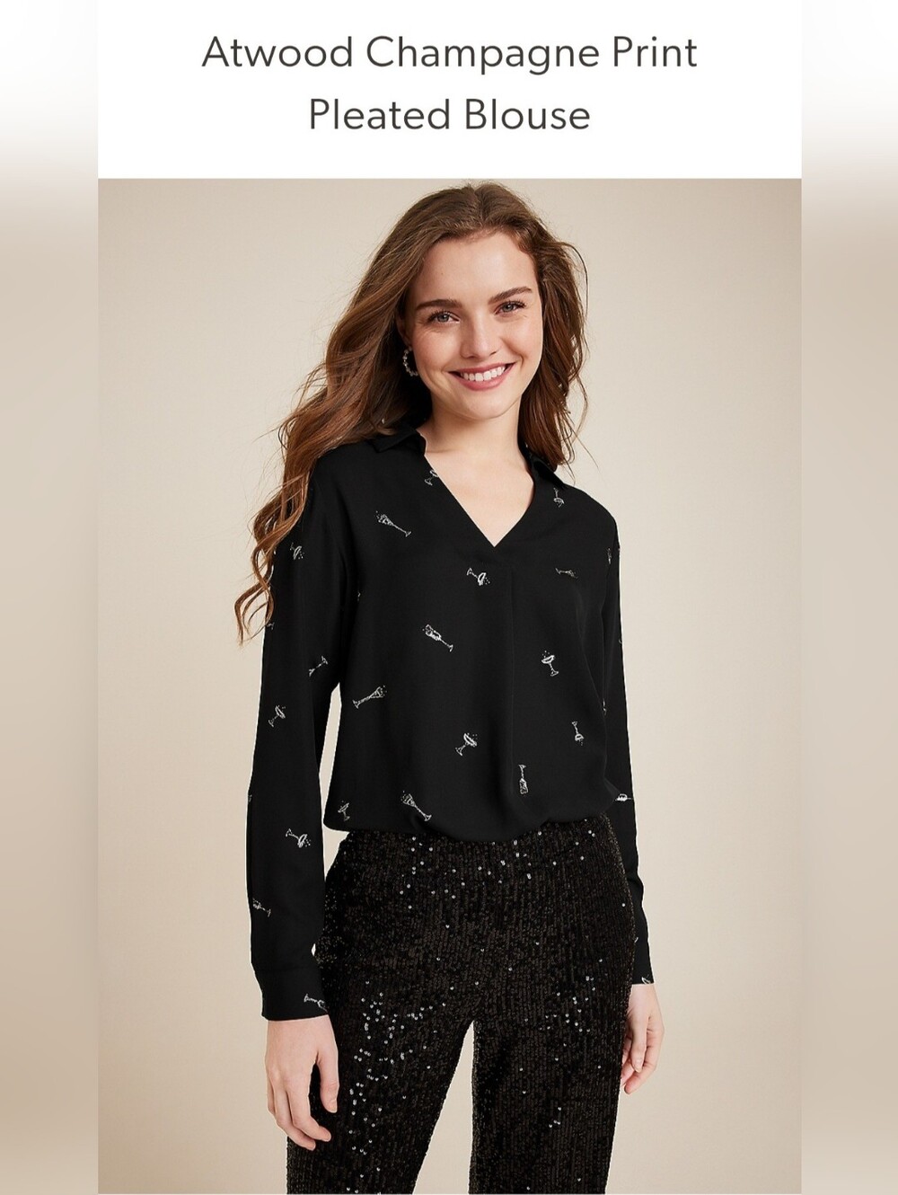 Maurices Atwood Champagne Print Pleated Blouse Black Long Sleeve V-Neck XL